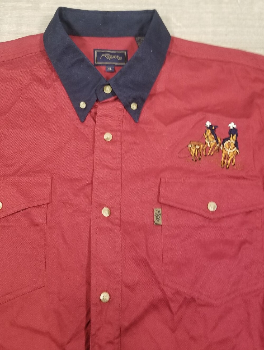 Vintage Roper Western Shirt Embroidered Chest Rodeo Mens XL Red Navy Blue Collar